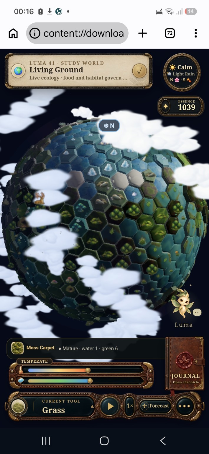 Worldseed development build showing a spherical tile-based planet, forests, water, weather clouds, and Luma